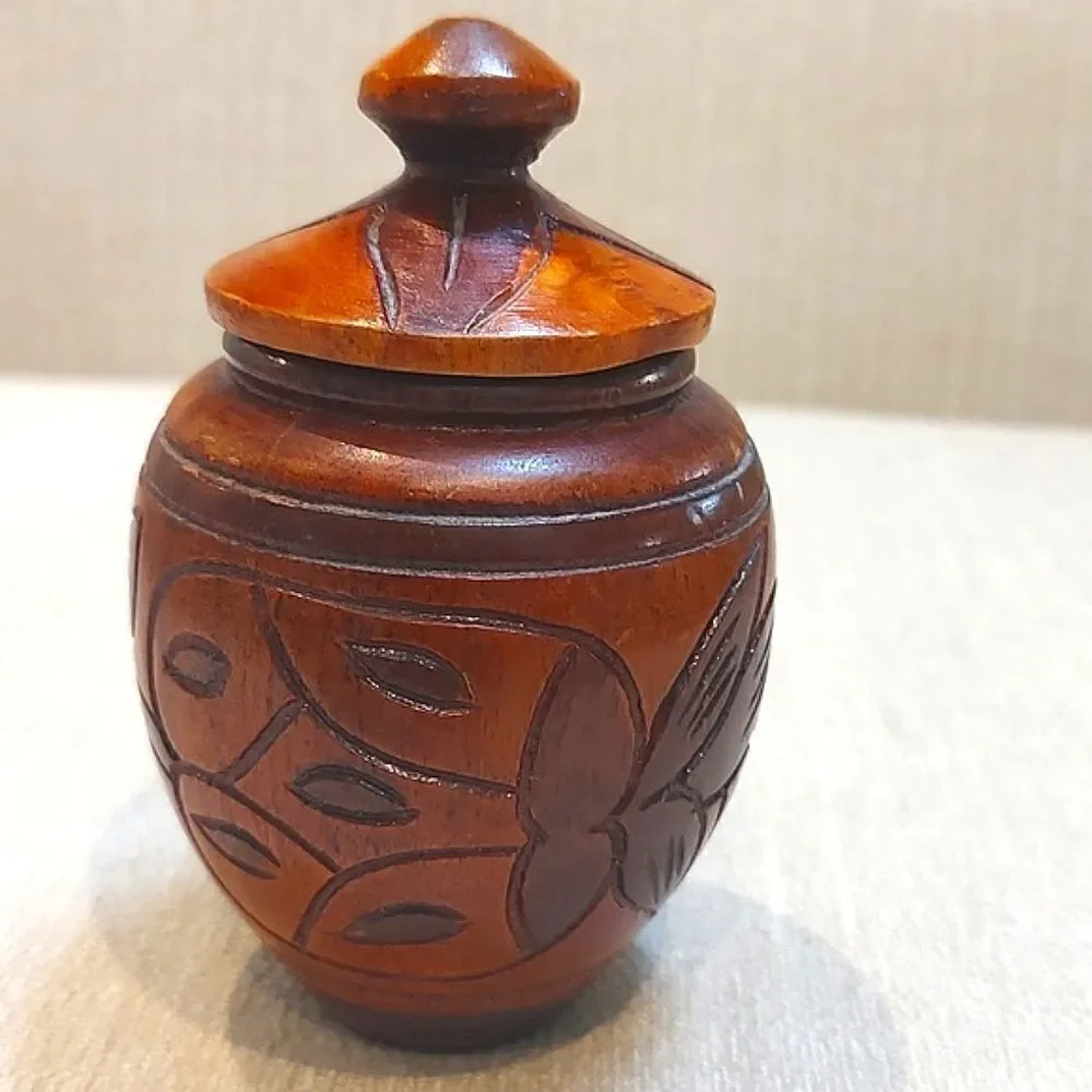 Vintage Small 2-Toned Carved Wood Floral Lidded Jar